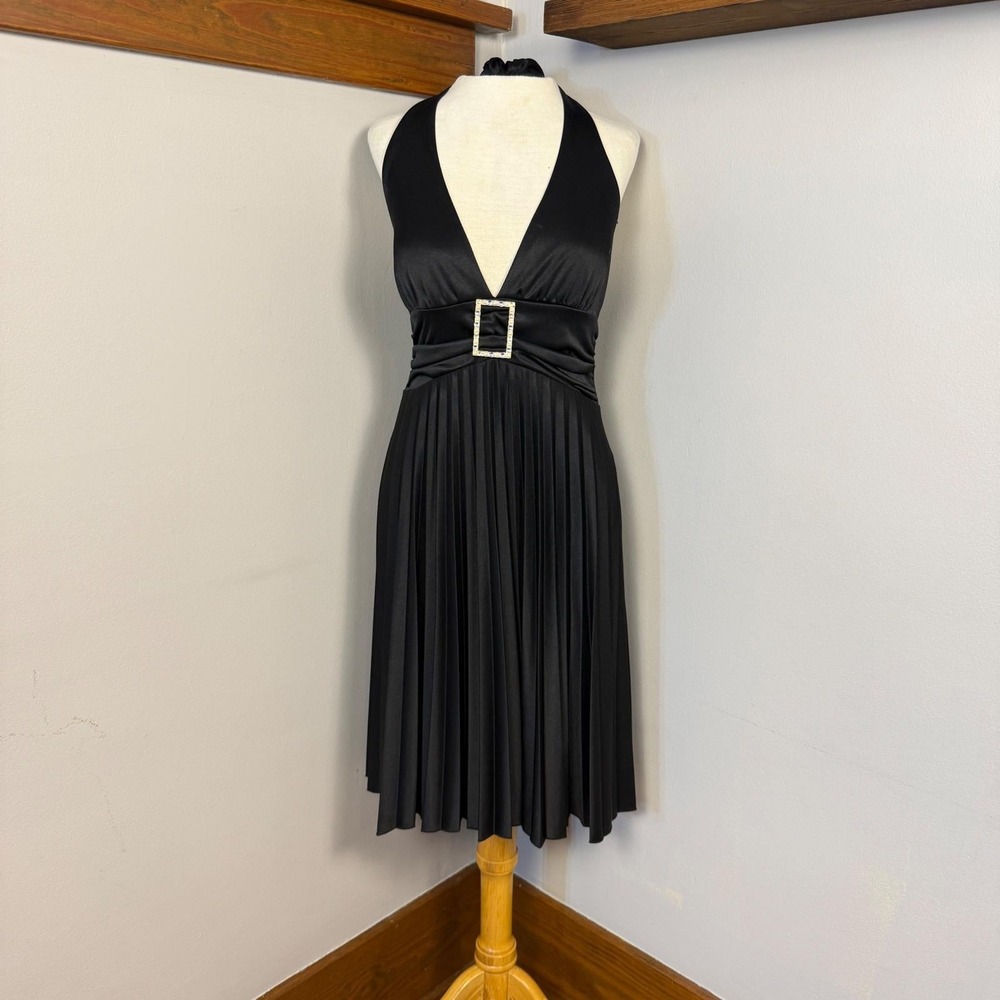 Y2K Black Halter Pleated Dress With Rhinestone Buckle Detail Size‎ M HOCO Glam
